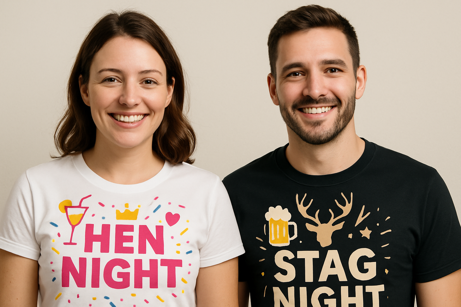 show the full head please two people one lady with hen night and one man with stag night